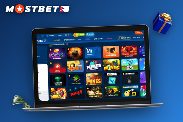 Mostbet Mines desktop interface showing the stake field, mine dropdown, grid and cash-out button