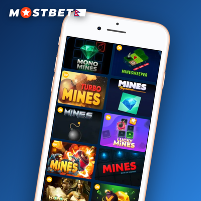 Mostbet Mines low-risk grid icon with two mines and several gems for steady balance growth