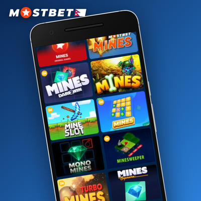 Mostbet Mines medium-risk grid with five scattered mines and multipliers growing at a steady pace
