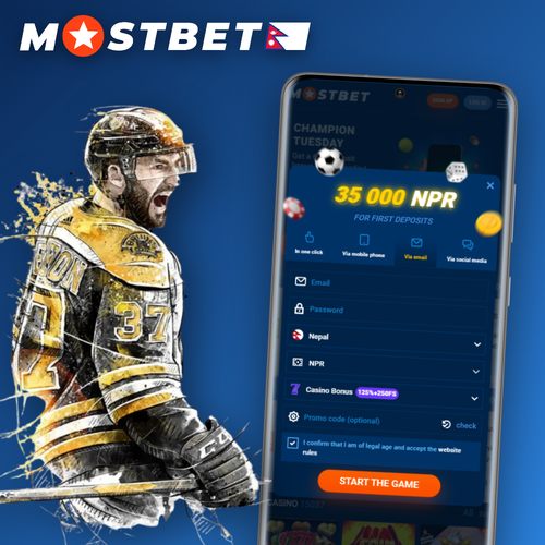 Mostbet register login form on a smartphone with Nepal flag accent and social icons